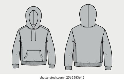 Long sleeve Hoodie technical fashion flat sketch vector illustration Grey Color template front and back views. Fleece jersey sweatshirt hoodie mock up for men's and boys.
