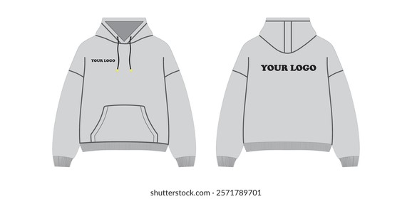 Long sleeve hoodie technical fashion Drawing flat sketch template front and back view. Cotton fleece fabric dress design vector.