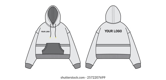 Long sleeve hoodie technical fashion Drawing flat sketch template front and back view. Cotton fleece fabric dress design vector.