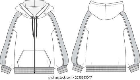 Long Sleeve Hoodie with zipper Fashion overall Technical flat sketch template front and back views. Men's sweatshirt vector illustration mock up. Easy edit and customizable.