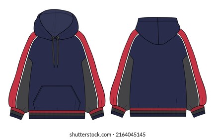 Hoodie de manga larga con cremallera Moda general de dibujo plano técnico con vistas frontal y posterior. Ilustración vectorial de los camisas sudaderas masculinas se burla. Fácil edición y personalizable.
