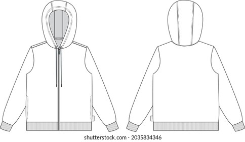 Long Sleeve Hoodie with zipper overall  Technical Fashion flats sketch vector illustration template front and back views Isolated on white background. Easy edit and customizable.