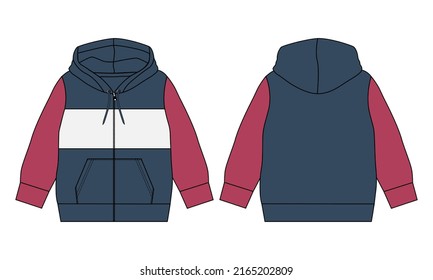 Long sleeve hoodie With zipper and pocket Technical fashion flat sketch vector illustration template Front and back views. Clothing sweater jacket Mock up Cad.
