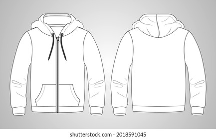 Long sleeve hoodie and Zipper technical fashion Drawing sketch template front   back view  apparel dress design vector illustration mockup jacket CAD  Easy edit   customizable 