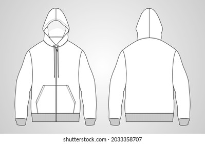 Long sleeve hoodie with Zipper technical fashion Drawing sketch template front and back view. apparel dress design vector illustration mockup jacket CAD. Easy edit and customizable.