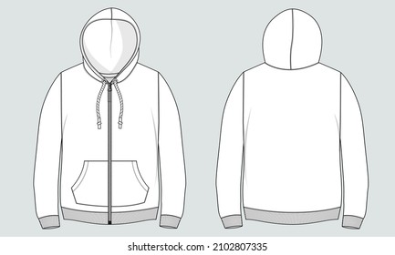 Long sleeve hoodie with Zipper technical fashion Drawing sketch template front and back view. apparel dress design vector illustration mock up jacket CAD. Easy edit and customizable.
