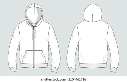 Long sleeve hoodie with Zipper technical fashion Drawing sketch template front and back view. apparel dress design vector illustration mock up jacket CAD. Easy edit and customizable.
