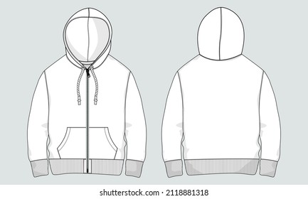Long sleeve hoodie with Zipper technical fashion Drawing sketch template front and back view. apparel dress design vector illustration mock up jacket CAD. Easy edit and customizable.
