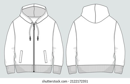 Long sleeve hoodie with Zipper technical fashion Drawing sketch template front and back view. apparel dress design vector illustration mock up jacket CAD. Easy edit and customizable.
