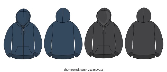 Long sleeve hoodie with Zipper technical fashion Drawing sketch template front and back view. apparel dress design vector illustration Black, Navy Blue Color Hoodie  mock up jacket CAD. 
