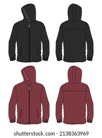 Long sleeve hoodie With zipper Technical fashion flat sketch vector illustration template Front and back views. Clothing sweater jacket Black and red color Mock up Cad isolated on white background.