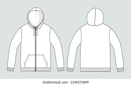 Long sleeve hoodie with Zipper technical fashion Drawing sketch template front and back view. apparel dress design vector illustration mock up jacket CAD. Easy edit and customizable.
