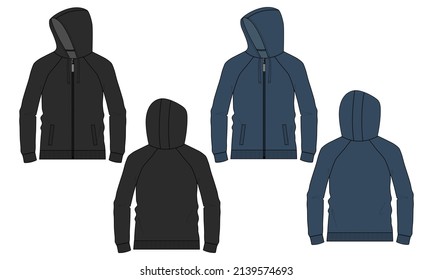 Long sleeve hoodie with Zipper technical fashion Flat sketch vector illustration template front and back view. apparel dress design  Black, Navy blue Color Hoodie  mock up jacket CAD.