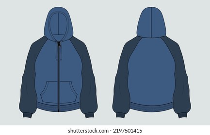 Long sleeve hoodie with Zipper technical fashion Drawing sketch template front and back view. apparel dress design vector illustration mock up jacket. Easy edit and customizable.
