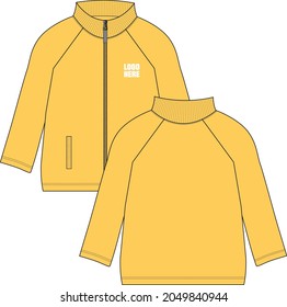 Long sleeve jacket with pocket, Zipper overall technical fashion flat sketch drawing clothing vector illustration template front, back views. Warm up Apparel sweat jacket Yellow color mock up CAD.