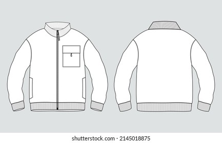 Chaqueta de manga larga con vistas frontal y posterior de la plantilla de ilustración vectorial de boceto plano de diseño técnico de bolsillo y cremallera. Chaqueta de sudadera de jersey de lana para hombres y niños.