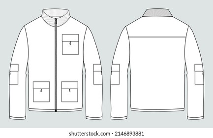 Long sleeve jacket with pocket and zipper technical fashion flat sketch vector illustration template front and back views. Fleece jersey sweatshirt jacket for men's and boys.