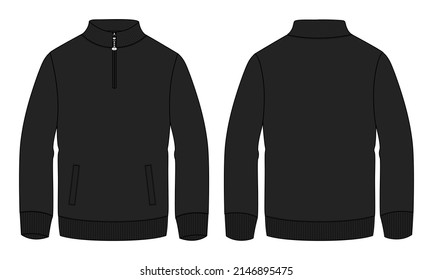 Long sleeve jacket with pocket and zipper technical fashion flat sketch vector illustration template front and back views. Fleece jersey sweatshirt jacket black color mock up for men's and boys.