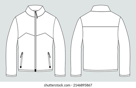 Long sleeve jacket and pocket   zipper technical fashion flat sketch vector illustration template front   back views  Fleece jersey sweatshirt jacket for men's   boys 