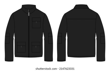 Chaqueta de manga larga con vista frontal y posterior de la plantilla de color negro de dibujo plano de diseño técnico de bolsillo y cremallera. Chaqueta de sudadera de jersey de lana para hombres y niños.