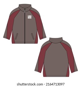 Long sleeve jacket with pocket, Zipper overall technical fashion flat sketch drawing clothing vector illustration template front, back views. Warm up Apparel sweat jacket mock up.
