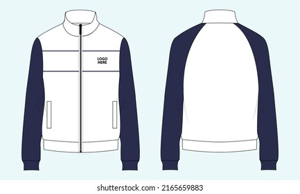 Long sleeve jacket and pocket   zipper technical fashion flat sketch vector illustration template front   back views  Fleece jersey sweatshirt for men's   boys 
