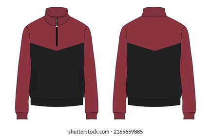 Long sleeve jacket with pocket and zipper technical fashion flat sketch vector illustration template front and back views. Fleece jersey sweatshirt for men's and boys.
