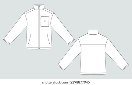Long sleeve jacket with pocket and zipper technical fashion flat sketch vector illustration template front and back views. Fleece jersey sweatshirt jacket for men's and boys.
