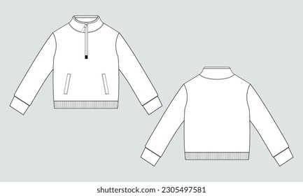 Long sleeve jacket with pocket and zipper technical fashion flat sketch vector illustration template front and back views. Fleece jersey sweatshirt jacket for men's and boys.
