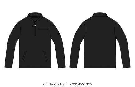 Long sleeve jacket with pocket and zipper technical fashion flat sketch vector illustration Black Color template front and back views. Fleece jersey sweatshirt jacket for men's and boys.
