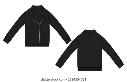 Long sleeve jacket with pocket and zipper technical fashion flat sketch vector illustration Black Color template front and back views. Fleece jersey sweatshirt jacket for men's and boys.
