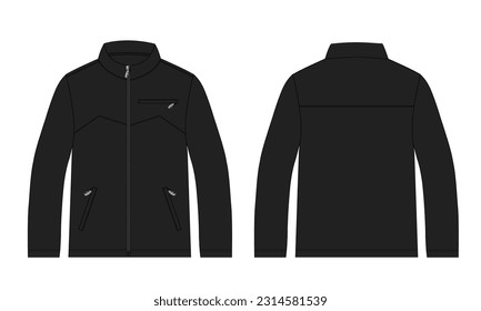 Long sleeve jacket with pocket and zipper technical fashion flat sketch vector illustration Black Color template front and back views. Fleece jersey sweatshirt jacket for men's and boys.
