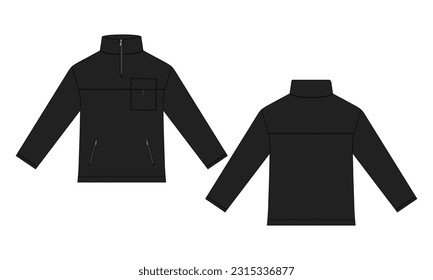 Long sleeve jacket with pocket and zipper technical fashion flat sketch vector illustration Black Color template front and back views. Fleece jersey sweatshirt jacket for men's and boys.
