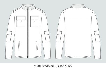 Long sleeve jacket with pocket and zipper technical fashion flat sketch vector illustration template front and back views. Fleece jersey sweatshirt jacket for men's and boys.
