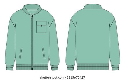 Chaqueta de manga larga con boceto plano de diseño técnico de bolsillo y cremallera ilustración vectorial de la plantilla de color verde vista frontal y trasera. Chaqueta de sudadera de jersey de lana para hombres y niños.
