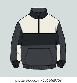 Long sleeve jacket with pocket and zipper technical fashion flat sketch vector illustration template front and back views. Fleece jersey sweatshirt jacket for men's and boys.
