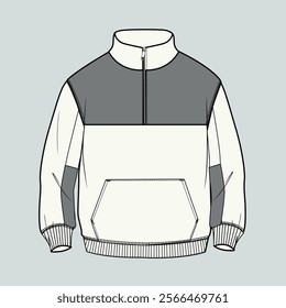 Long sleeve jacket with pocket and zipper technical fashion flat sketch vector illustration template front and back views. Fleece jersey sweatshirt jacket for men's and boys.
