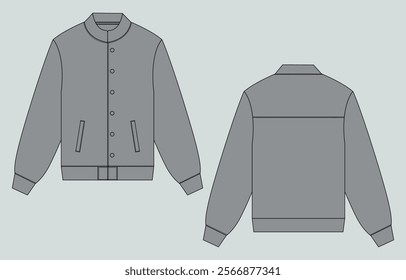 Long sleeve jacket with pocket and zipper technical fashion flat sketch vector illustration template front and back views. Fleece jersey sweatshirt jacket for men's and boys.
