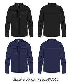Long sleeve jacket sweatshirt vector illustration black and navy color template front and back views isolated on white background