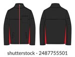 Long sleeve jacket technical drawing fashion flat sketch vector illustration two tone Black and Red color template front and back views. Men's Sweatshirt clothing mock up cad