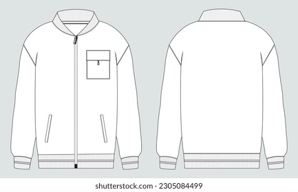 Long sleeve jacket technical drawing fashion flat sketch vector illustration template front and back views