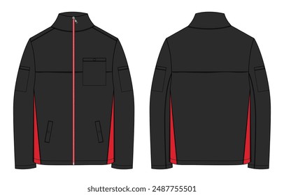 Long sleeve jacket technical drawing fashion flat sketch vector illustration two tone Black and Red color template front and back views. Men's Sweatshirt clothing mock up cad