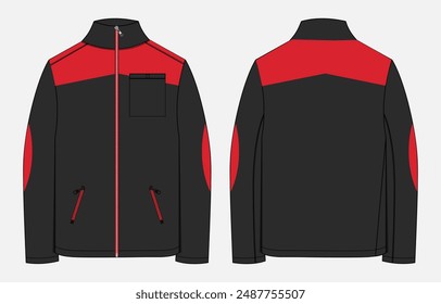 Long sleeve jacket technical drawing fashion flat sketch vector illustration two tone Black and Red color template front and back views. Men's Sweatshirt clothing mock up cad