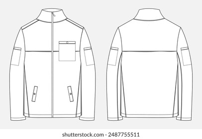 Long sleeve jacket technical drawing fashion flat sketch vector illustration template front and back views. Men's Sweatshirt clothing mock up cad