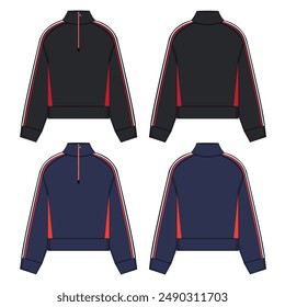 Long sleeve jacket technical drawing fashion flat sketch vector illustration black and navy color template front and back views. Men's Sweatshirt clothing mock up cad