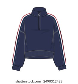 Langarmjacke technische Zeichnungsmode Flache Skizze Vektorillustration Marinefarbe Vorlage Vorder- und Rückansicht. Herren Sweatshirt Bekleidung mock up cad