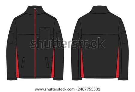 Long sleeve jacket technical drawing fashion flat sketch vector illustration two tone Black and Red color template front and back views. Men's Sweatshirt clothing mock up cad