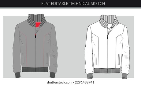 Long sleeve jacket with zipper outlined cut and sew  vector flat sketch template 