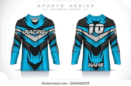 Long sleeve jersey design template, Motocross racing jersey design. Sports uniform front and back view