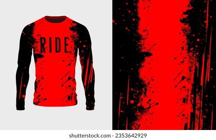 Long sleeve jersey red black grunge texture for extreme sport, gym, racing, cycling, motocross, enduro. Vector backdrop 